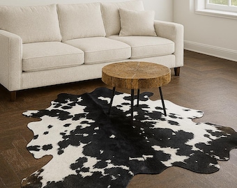 Black & White Cowhide Rug – Genuine Hair-On Animal Skin Leather Carpet for Living Room