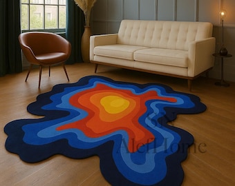 Hand-Tufted Irregular Wool Rug – Blue & Red Modern Woollen Area Carpet for Living Room