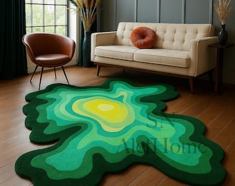 Hand-Tufted Wool Area Rug – Parrot Green Abstract Wavy - Irregular Shaped Rug For Living Room