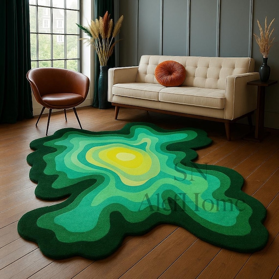 Hand-Tufted Wool Area Rug – Parrot Green Abstract Wavy - Irregular Shaped Rug For Living Room