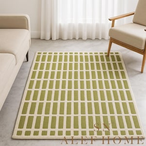 Handmade Olive Green Wool Rug – Modern Grid Pattern Carpet for Minimalist Decor