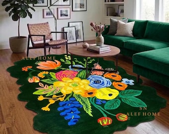 Hand Tufted Green Floral Wool Rug – Cottage core Scalloped Edge Carpet for Living Room