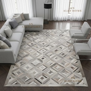 Tapis en cuir de vachette gris – Tapis patchwork en cuir à poils, fait main, pour salon