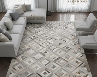 Grey Cowhide Area Rug – Handmade Hair-On Leather Patchwork Carpet for Living Room