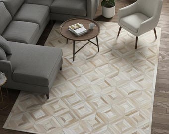 Beige Cowhide Area Rug – Handmade Cow Skin Leather Patchwork Carpet for Living Room