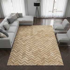 Beige Cowhide Chevron Rug – Leather Cow Hair-On Patchwork Carpets for Living Room