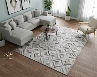 Grey Cowhide Area Rug – Luxury Handmade Hair-On Leather Patchwork Carpet For Living Room