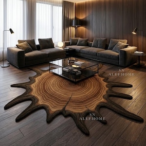 Tapis touffeté à la main en tranches de bois - Tapis inspiré d'un tronc d'arbre irrégulier pour la décoration intérieure