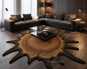 Hand-Tufted Wood Slice Wool Rug – Irregular Tree Trunk Inspired Carpet for Home Décor