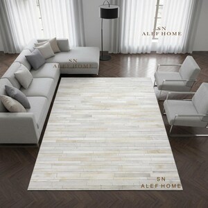 White Cowhide Area Rug – Striped Pattern Cow Skin Leather Patchwork Carpet for Living Room