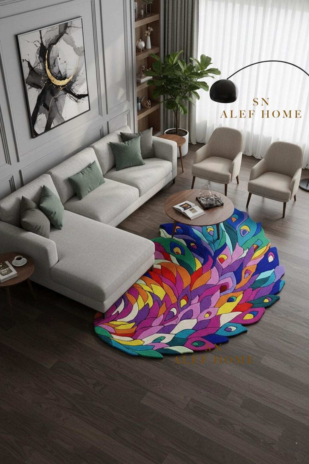 Feathered Rug Hand Tufted Peacock Feather Wool Rug – Colorful Boho Artistic Area Rug ...