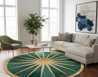 May include: A round green and gold area rug with a sunburst design. The rug is in a living room setting with a sofa, chair, and coffee table. The rug's diameter is approximately 7 feet.