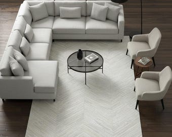 White Cowhide Chevron Rug – Handmade Cow Skin Leather Patchwork Carpet for Living Room