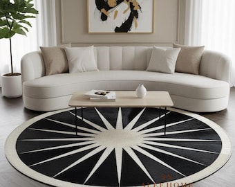 Black & White Cowhide Round Rug – Sunburst Cow Skin Leather Patchwork Carpet for Living Room