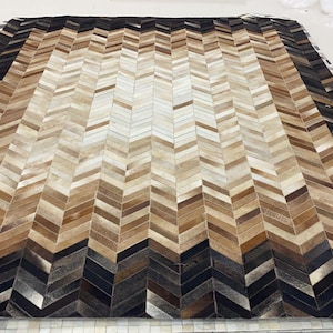 Beige & Brown Cowhide Chevron Rug –  Cow Skin Leather Patchwork Carpet for Living Room