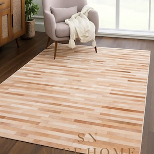 Beige Striped Cowhide Rug – Handmade Hair-On Leather Carpets | Modern Cowhide Patchwork Rug for Living Room & Bedroom Decor