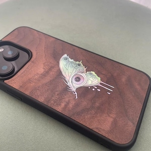 PHONE WOOD CASE,Shimmering Butterfly Eyes Handcrafted mother-of-pearl colors that change with perspective. Only  for iPhone 12 to iPhone 16