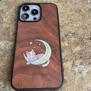 PHONE WOOD CASE,Shimmering Cat in the Crescent Moon Handcrafted mother-of-pearl colors that change with perspective. Only  for iPhone