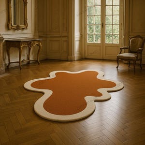 Handmade Shag Rug: Retro Orange & Cream Wool, Organic Blob Shape (5x8 ft.)