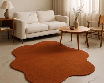 Hand Tufted Wool Rug, Organic Rust Orange Irregular Shape