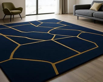 Alfombra geométrica azul marino: diseño dorado, tufting manual