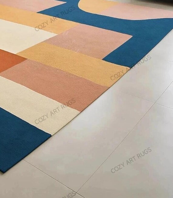 モダンな抽象幾何学模様のウールラグ：ハンドメイドのミッド