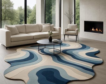 Modern Abstract Wave Area Rug, Blue Beige Irregular Carpet