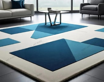 Hand-Tufted Blue & White Wool Rug: Modern Geometric Design