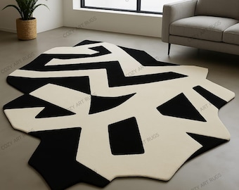 Alfombra de lana tejida a mano: alfombra moderna irregular en blanco y negro