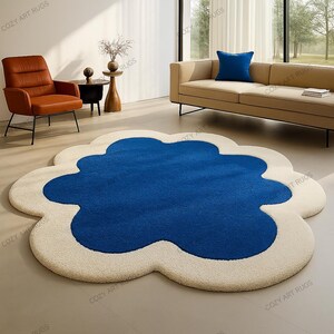 Hand-Tufted Wool Rug: Deep Blue Cloud Shape, Funky Home Decor (4x4& Custom Sizes