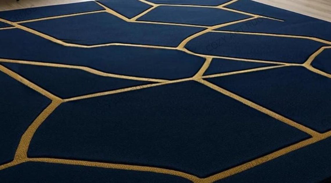 Navy Blue Geometric Rug: Gold Pattern, Hand-tufted Designer Carpet - Etsy