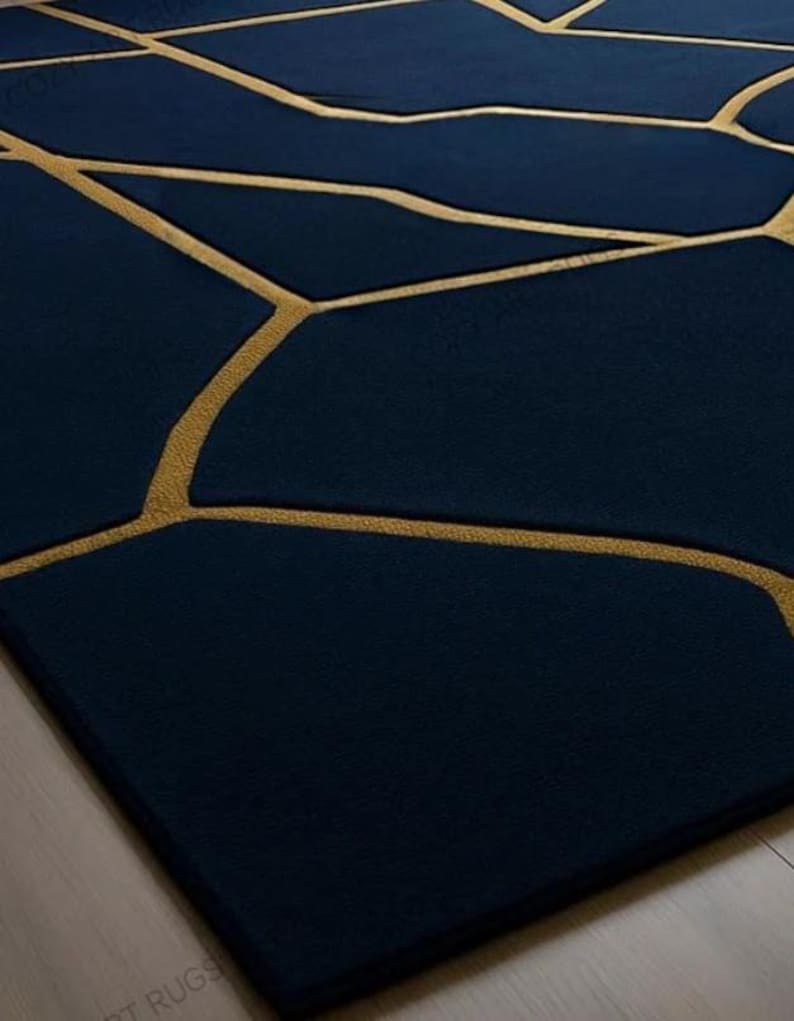 Navy Blue Geometric Rug: Gold Pattern, Hand-tufted Designer Carpet - Etsy