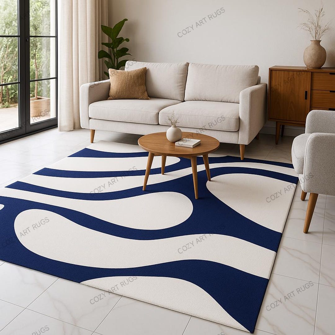 Hand-tufted Wool Rug | Modern Navy Blue Abstract Wave Design - Etsy