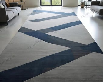 Hand-Tufted Geometric Wool Rug: Modern Blue & Gray Abstract Carpet