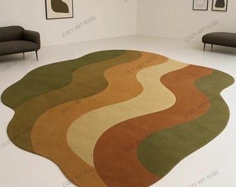 Alfombra de lana tejida a mano con ondas abstractas terrosas y formas irregulares, moderna, hecha a mano, decoración de suelo.