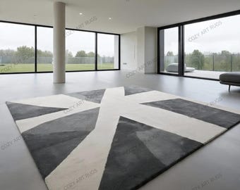 Modern Geometric Area Rug: White & Gray Abstract Wool Carpet