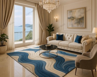 Blue Wave Wool Rug, Hand-Tufted Modern Coastal Decor