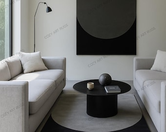Modern Hand-Tufted Wool Rug: Black & Gray Half Circle Geometric Design
