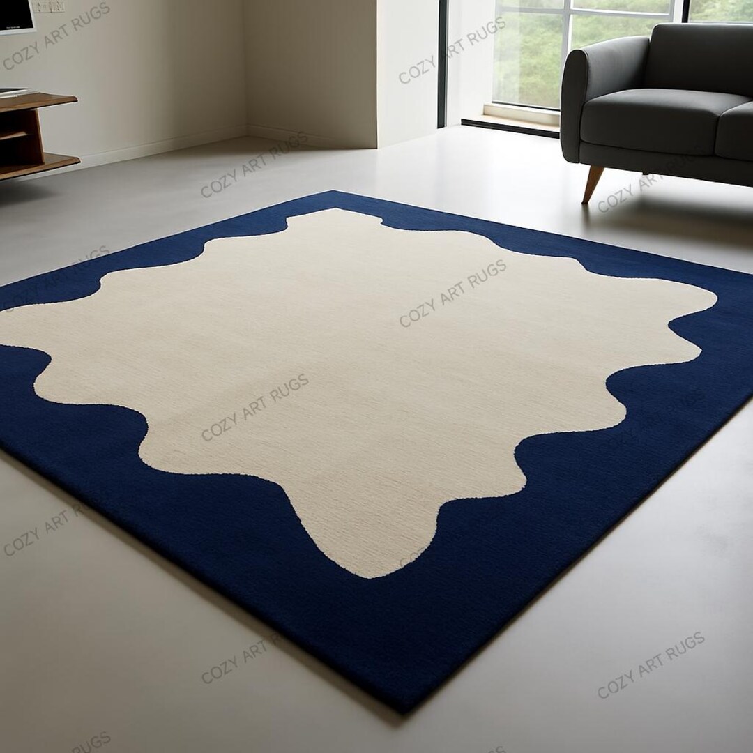 Pulse Border Rug Handmade Blue Wavy Border Rug: Modern Abstract Floor Decor - Etsy