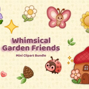 Amici del giardino stravaganti - Set di clipart kawaii gonfie / 39 PNG / Fiori carini, insetti e arte della natura per adesivi, agende, lavoretti