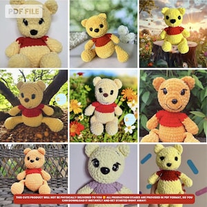 Winnie the Pooh Amigurumi Crochet Pattern | Classic Plush Teddy Bear | PDF Digital Download | Yellow and Red Yarn Toy
