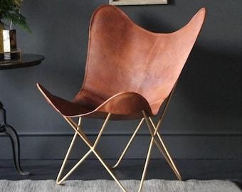 Genuine Leather Butterfly Chair, Relaxing Chair, Rustic Lounge Chair, Accent Patio Furniture, Outdoor Furniture, Vintage Folding Chair, Gift