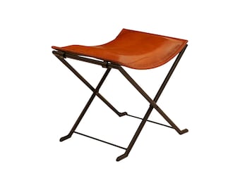 Leather Folding Stool: Butler Melton Handmade Brown Leather Butterfly Stool