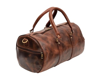 Handmade Genuine Leather Duffel Bag for Men & Women | Leather Large Weekender Gym Overnight Rustic Travel Bag 14 Inches, Groomsmen Gift