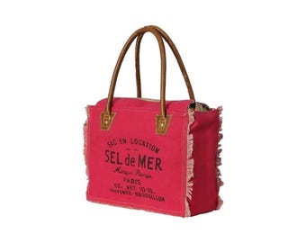Sac à main Sel de mer en toile recyclée Sac fourre-tout en toile recyclée et cuir de vachette Sac fourre-tout pour femme avec poignées en cuir (10 x 13 pouces)