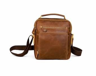 Rustic Leather Crossbody Messenger Bag: Vintage Satchel Sling Large Leather Sling Bag in Full Grain, Crossbody Bag 11 Inches