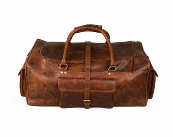 Handmade Leather Duffle Bag Men | Genuine Leather Weekender Bag | Handmade Leather Travel Bag | Carry On Bag | Leather Duffle Bag 24 Inches