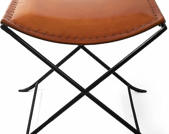 Leather Folding Stool: Butler Melton Tabouret with Iron Frame, Butterfly Folding Stool for Camping Iron Stool with Leather Seat