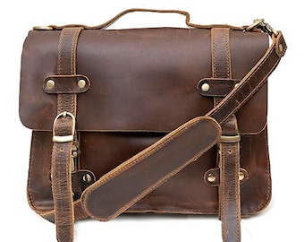 Rustic Vintage Genuine Leather Laptop Messenger Briefcase Satchel Bag for Men 11 Inches