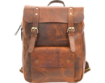 Leather Backpack, Vintage Leather Backpack, Rucksack, Personalized Backpack Grained Leather Travel Backpack: Tan Brown Rucksack, 16 Inch